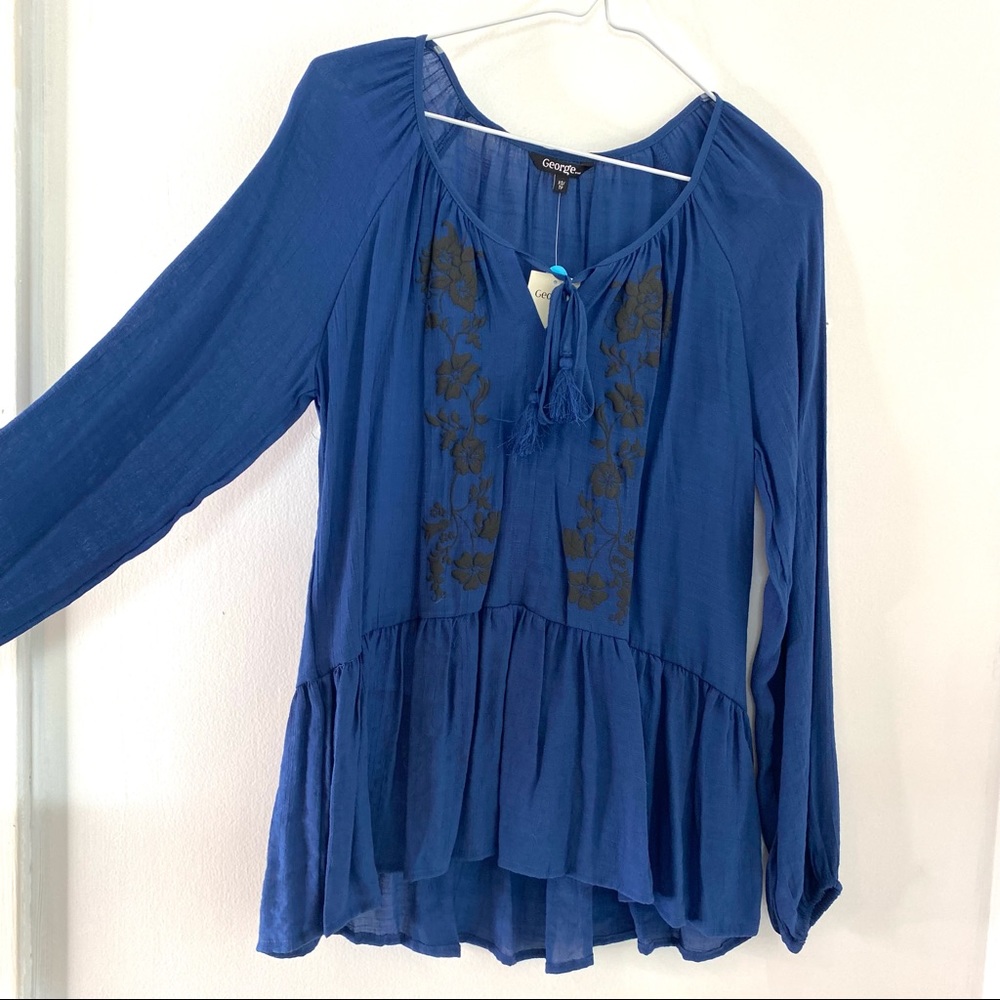 George Peasant Blouse Tassel Tie Front Embroidered Flowy Boho Top NWT